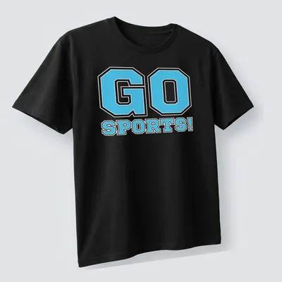 Bold graphic of 'GO SPORTS!' in light blue and black for team spirit — printed on a unisex t-shirt (angled view)
