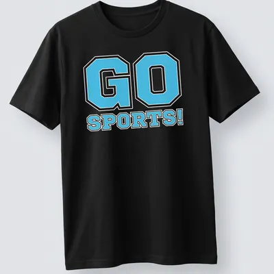 Bold graphic of 'GO SPORTS!' in light blue and black for team spirit