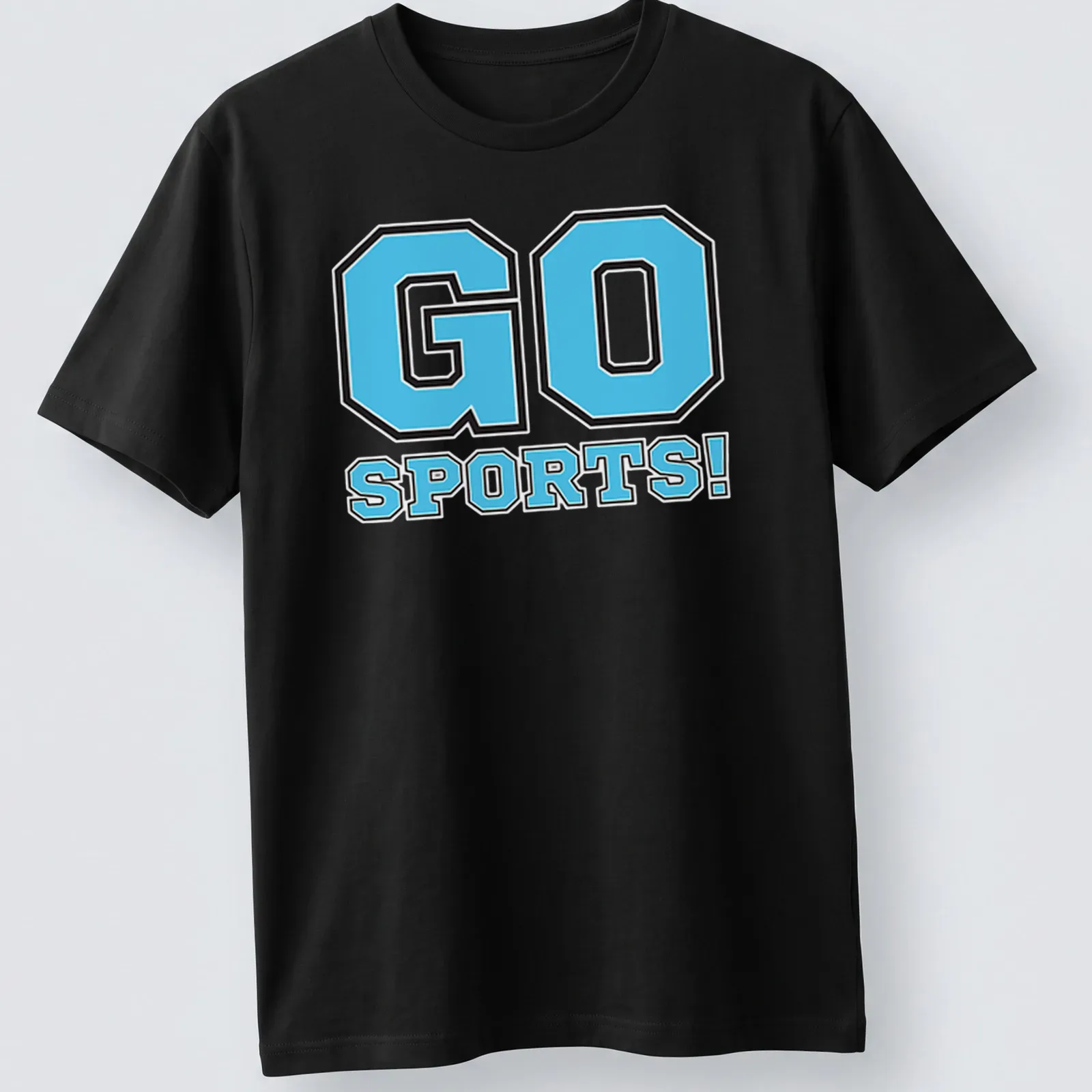 Bold graphic of 'GO SPORTS!' in light blue and black for team spirit — printed on a unisex t-shirt