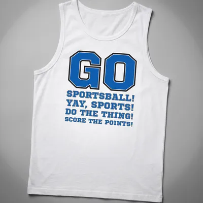 Bold collegiate sports-themed shirt with humorous text in blue, black, and white — printed on a tank top