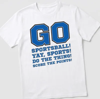 Bold collegiate sports-themed shirt with humorous text in blue, black, and white