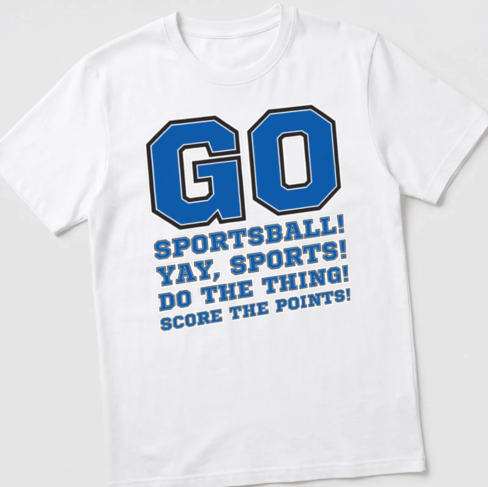 Bold collegiate sports-themed shirt with humorous text in blue, black, and white — printed on a unisex t-shirt