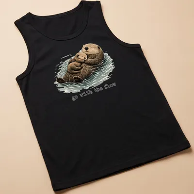 Watercolor otter family design with the phrase Go With The Flow — printed on a tank top
