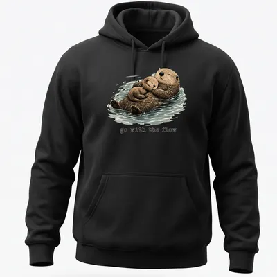Watercolor otter family design with the phrase Go With The Flow — printed on a unisex hoodie