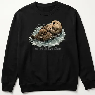 Watercolor otter family design with the phrase Go With The Flow — printed on a unisex sweatshirt