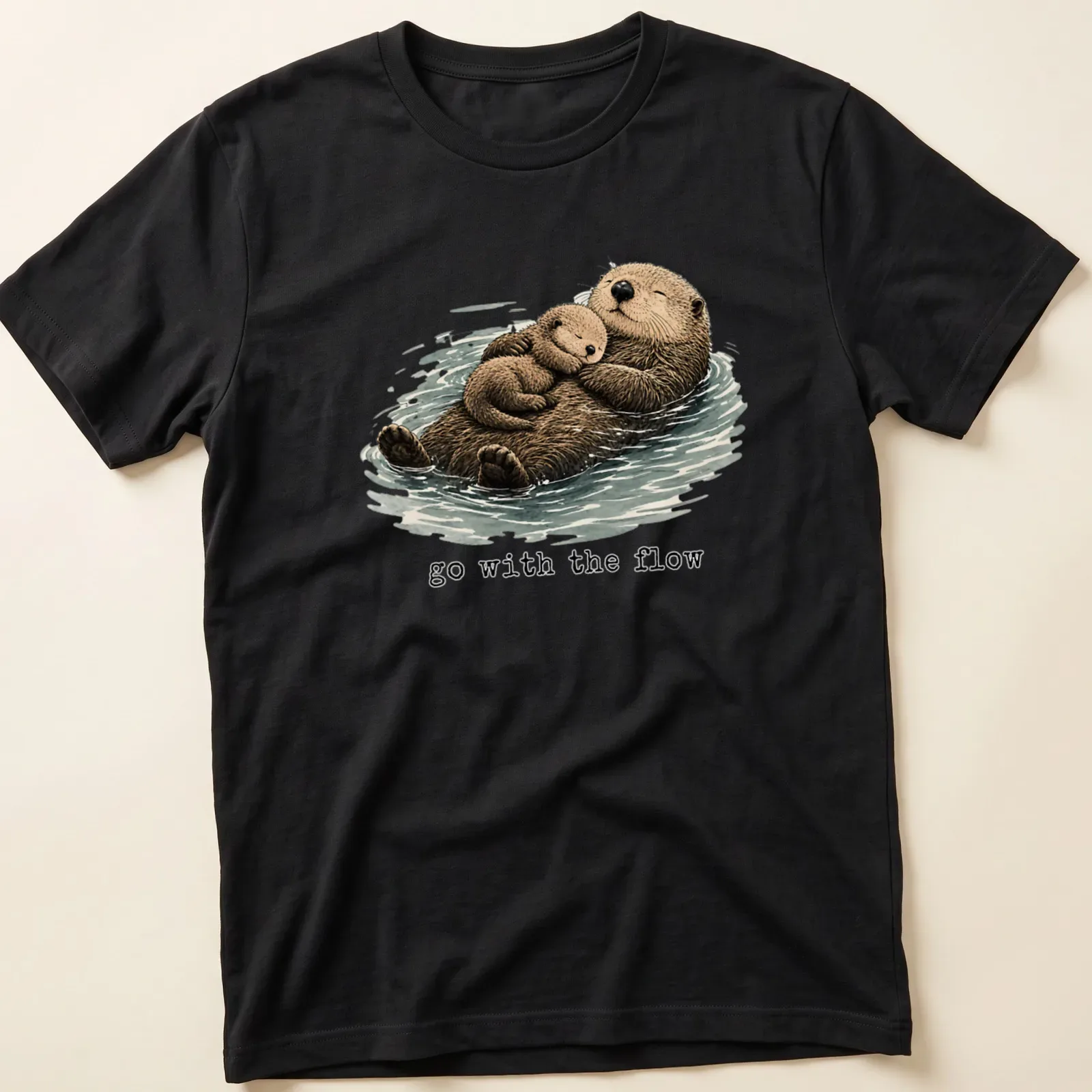 Watercolor otter family design with the phrase Go With The Flow — printed on a unisex t-shirt
