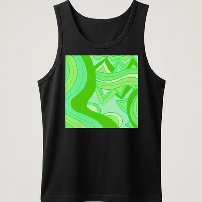 Modern geometric T-shirt with abstract green wave patterns in light and dark shades — printed on a tank top