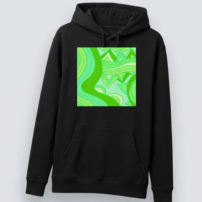Modern geometric T-shirt with abstract green wave patterns in light and dark shades — printed on a unisex hoodie