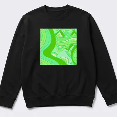 Modern geometric T-shirt with abstract green wave patterns in light and dark shades — printed on a unisex sweatshirt