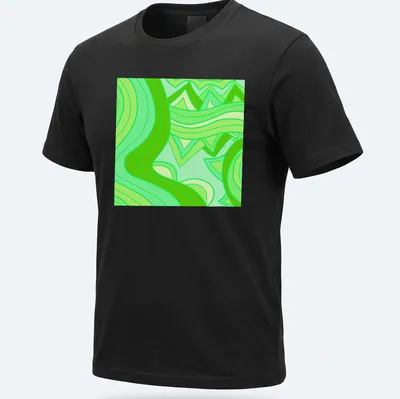 Modern geometric T-shirt with abstract green wave patterns in light and dark shades