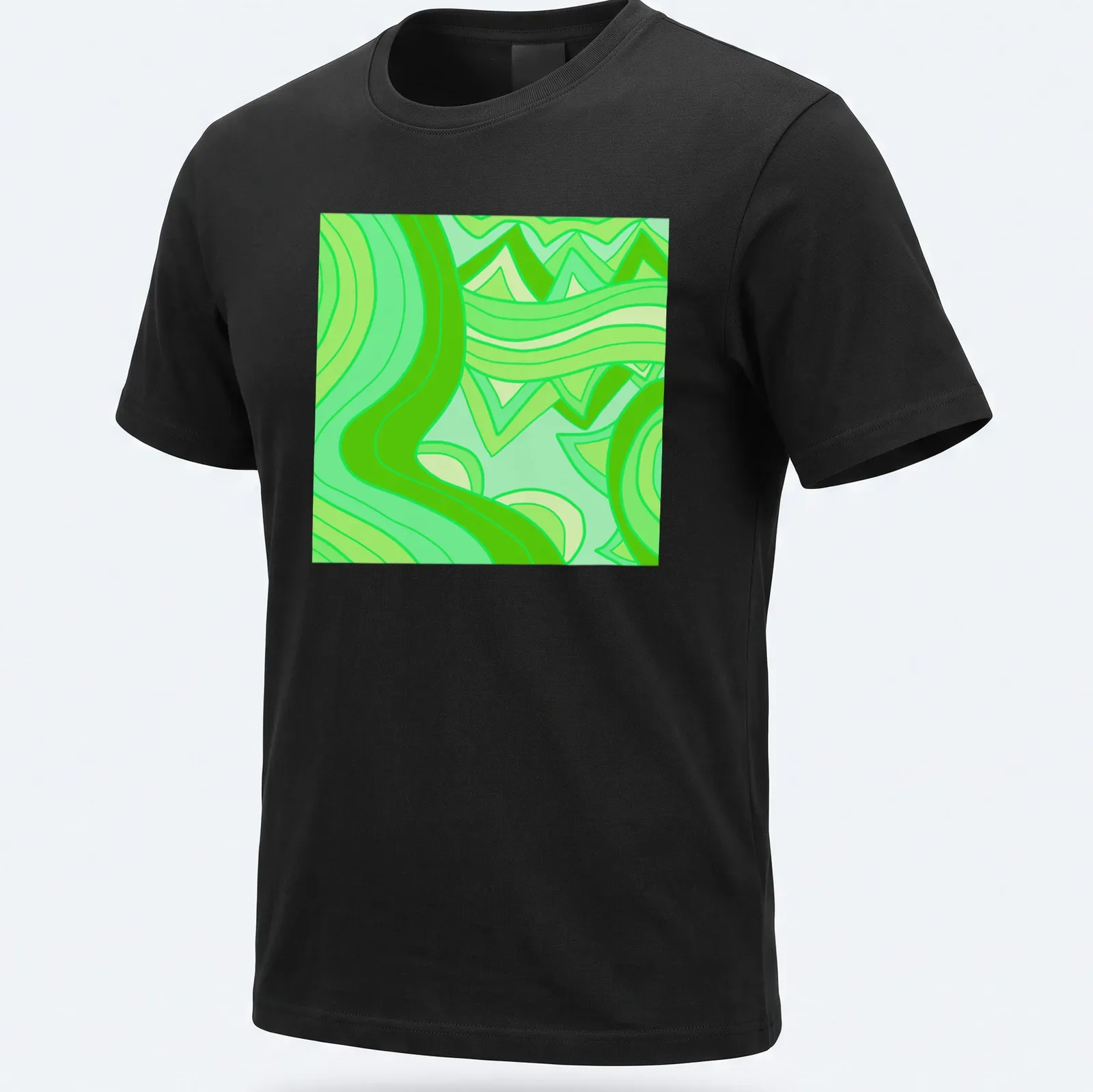 Modern geometric T-shirt with abstract green wave patterns in light and dark shades — printed on a unisex t-shirt