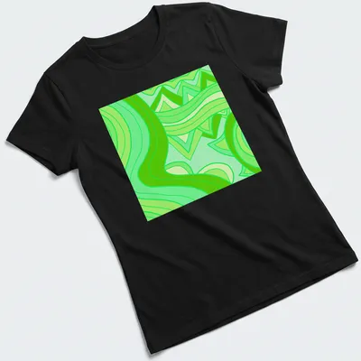 Modern geometric T-shirt with abstract green wave patterns in light and dark shades — printed on a women's shirt