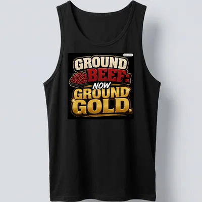 Bold T-shirt with colorful text: Ground Beef: Now Ground Gold — printed on a tank top