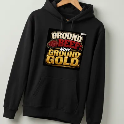 Bold T-shirt with colorful text: Ground Beef: Now Ground Gold — printed on a unisex hoodie