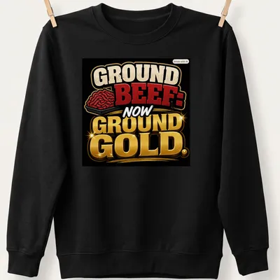 Bold T-shirt with colorful text: Ground Beef: Now Ground Gold — printed on a unisex sweatshirt