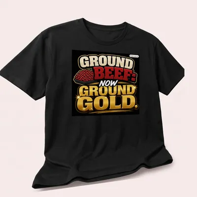 Bold T-shirt with colorful text: Ground Beef: Now Ground Gold — printed on a unisex t-shirt (angled view)
