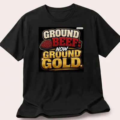 Bold T-shirt with colorful text: Ground Beef: Now Ground Gold