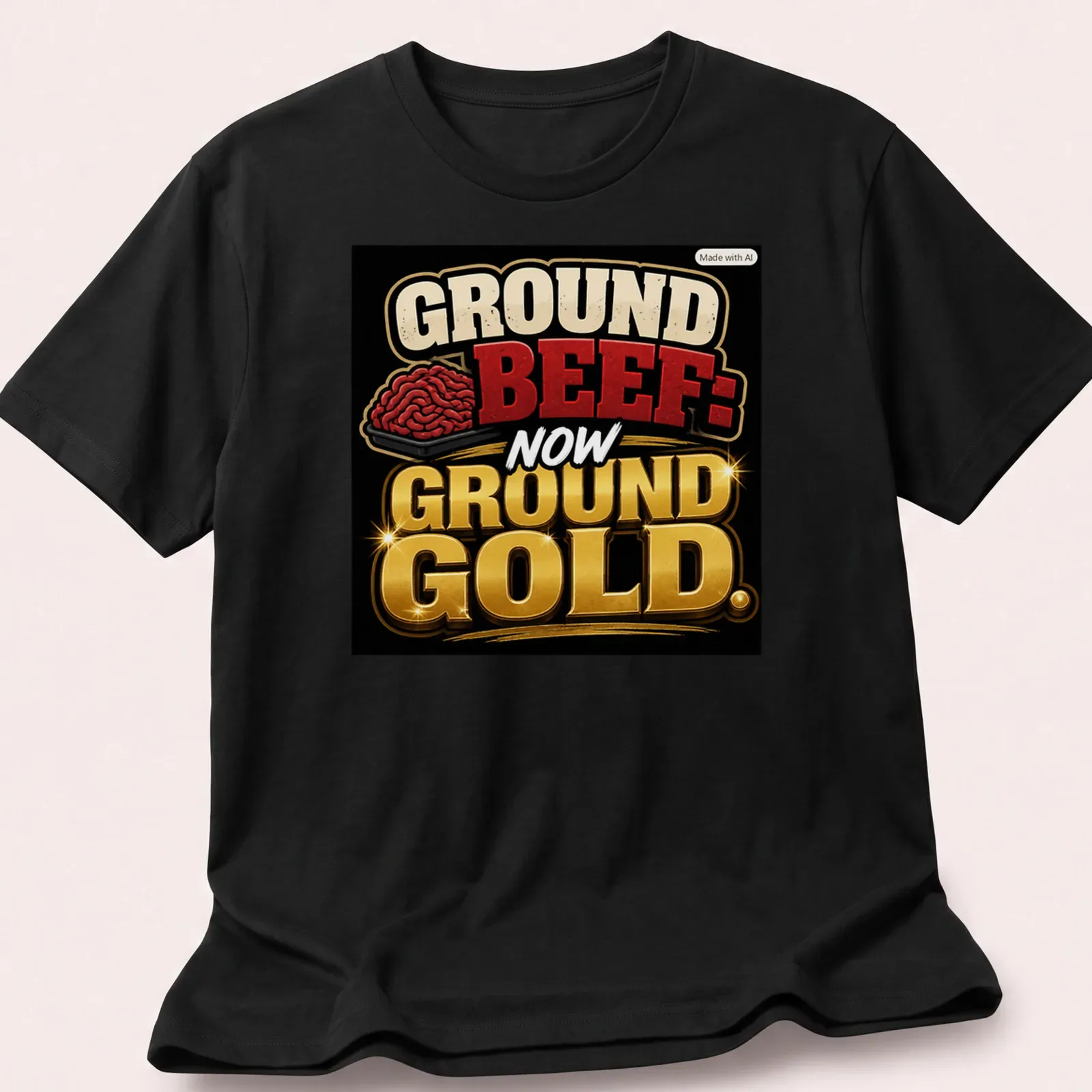 Bold T-shirt with colorful text: Ground Beef: Now Ground Gold — printed on a unisex t-shirt