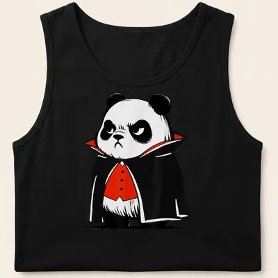 Cartoon of a grumpy panda in a vampire costume with a red cape — printed on a tank top