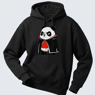 Cartoon of a grumpy panda in a vampire costume with a red cape — printed on a unisex hoodie