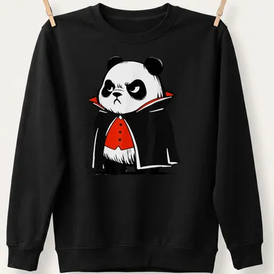 Cartoon of a grumpy panda in a vampire costume with a red cape — printed on a unisex sweatshirt