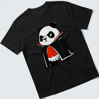 Cartoon of a grumpy panda in a vampire costume with a red cape