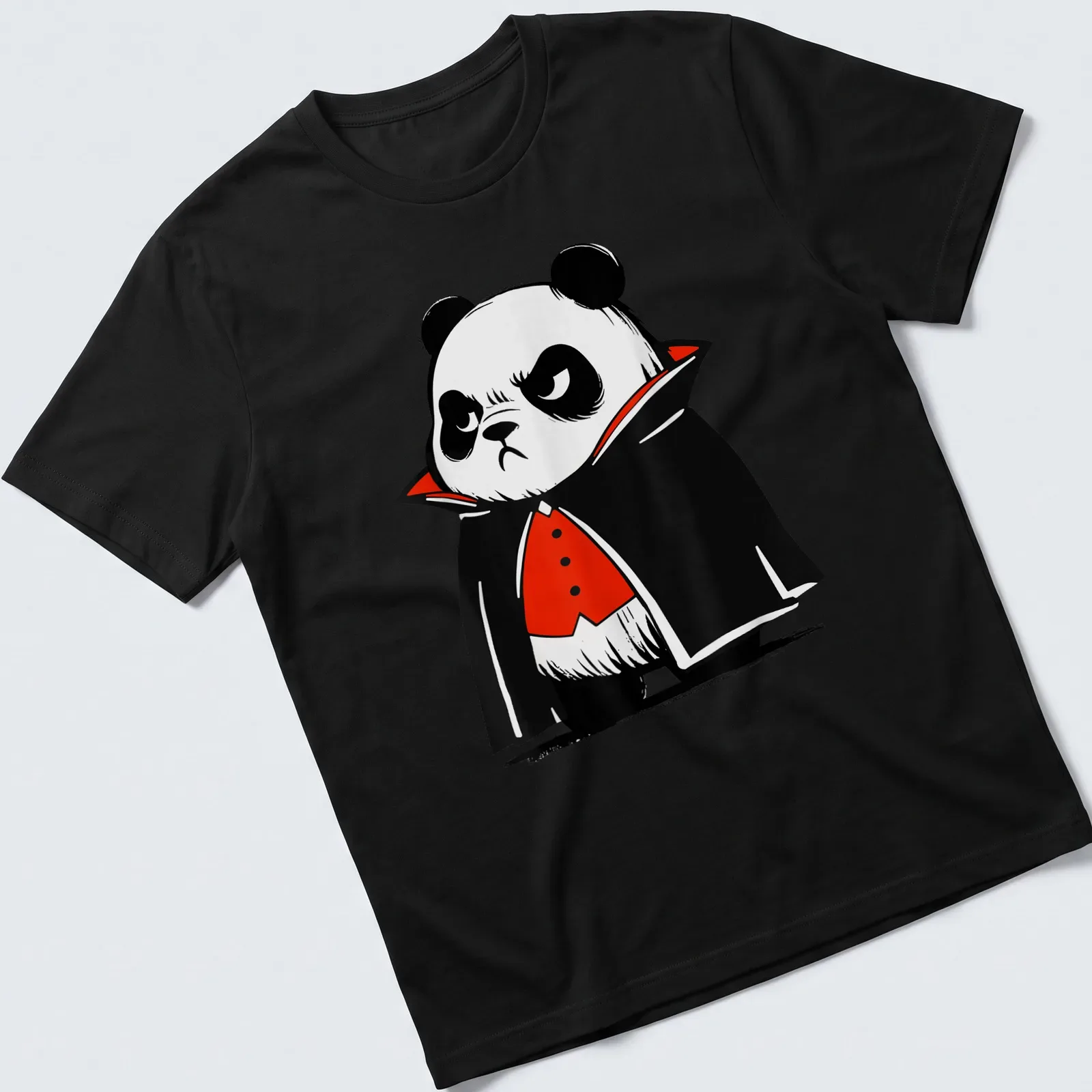 Cartoon of a grumpy panda in a vampire costume with a red cape — printed on a unisex t-shirt