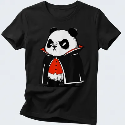 Cartoon of a grumpy panda in a vampire costume with a red cape — printed on a women's shirt