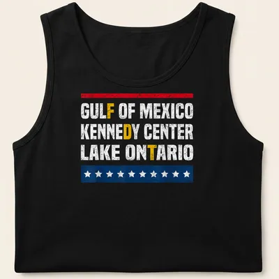 Distressed vintage design featuring Gulf of Mexico, Kennedy Center, Lake Ontario text in red, white, blue, and yellow — printed on a tank top