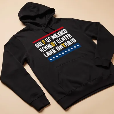 Distressed vintage design featuring Gulf of Mexico, Kennedy Center, Lake Ontario text in red, white, blue, and yellow — printed on a unisex hoodie