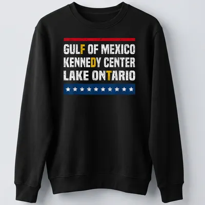 Distressed vintage design featuring Gulf of Mexico, Kennedy Center, Lake Ontario text in red, white, blue, and yellow — printed on a unisex sweatshirt