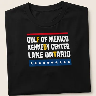 Distressed vintage design featuring Gulf of Mexico, Kennedy Center, Lake Ontario text in red, white, blue, and yellow