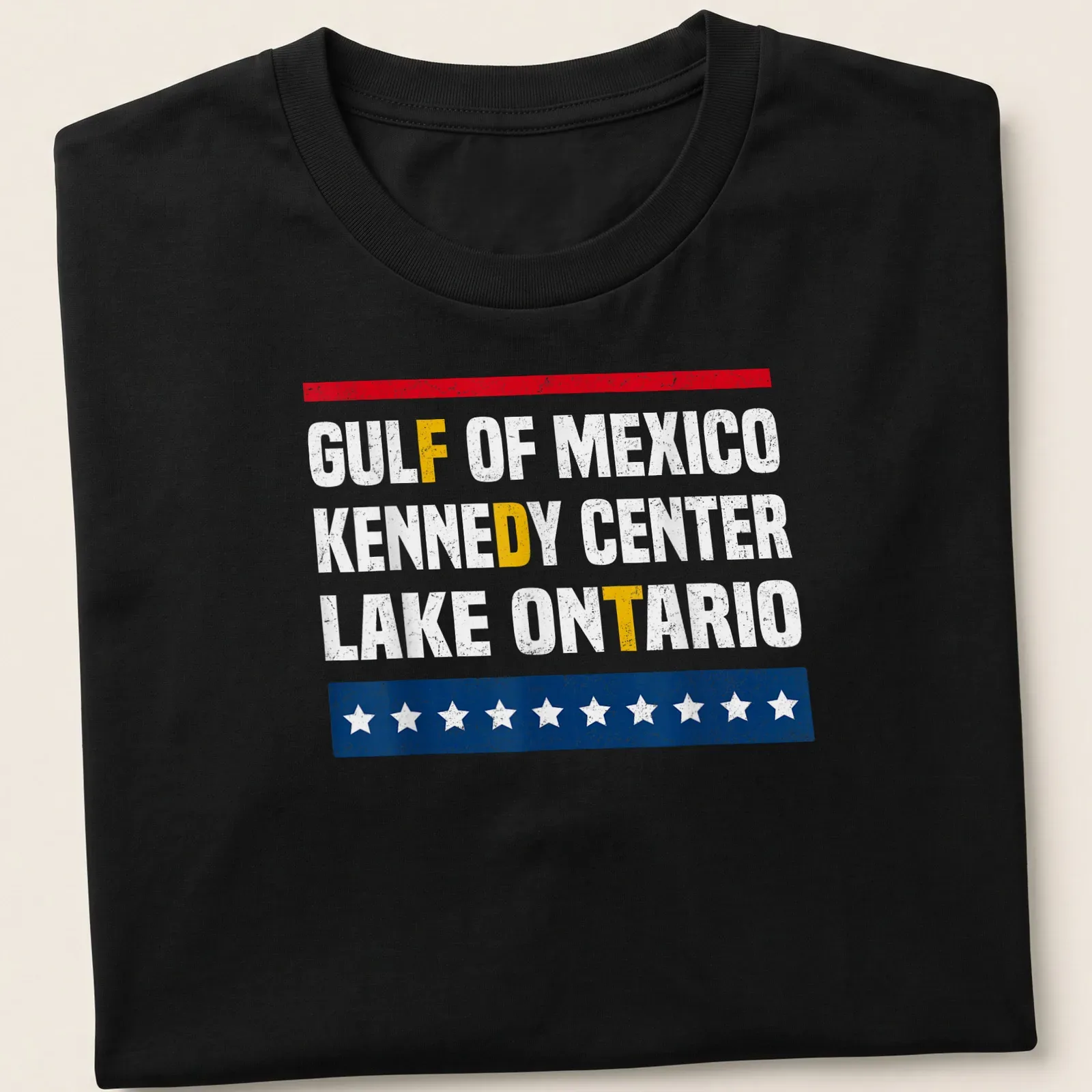 Distressed vintage design featuring Gulf of Mexico, Kennedy Center, Lake Ontario text in red, white, blue, and yellow — printed on a unisex t-shirt