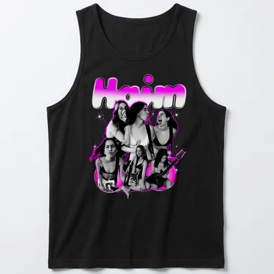 Retro Haim band shirt with bold pink text and playful design — printed on a tank top