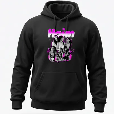 Retro Haim band shirt with bold pink text and playful design — printed on a unisex hoodie