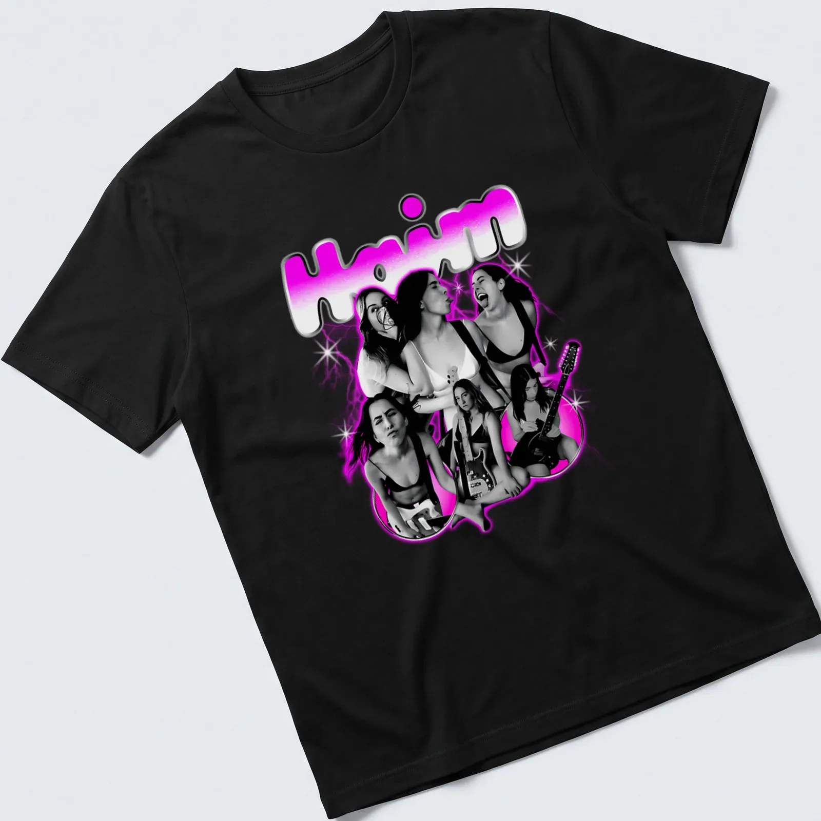 Retro Haim band shirt with bold pink text and playful design — printed on a unisex t-shirt