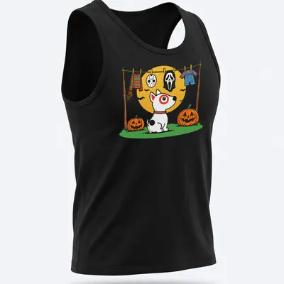 Cartoon dog hanging with Halloween costumes on a line in bright colors — printed on a tank top