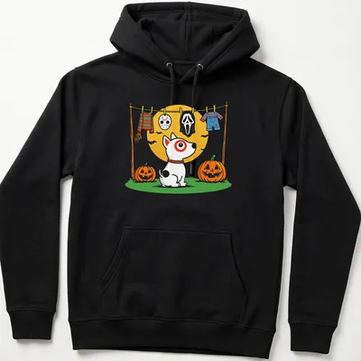 Cartoon dog hanging with Halloween costumes on a line in bright colors — printed on a unisex hoodie