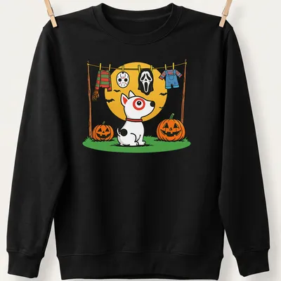 Cartoon dog hanging with Halloween costumes on a line in bright colors — printed on a unisex sweatshirt