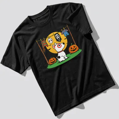 Cartoon dog hanging with Halloween costumes on a line in bright colors