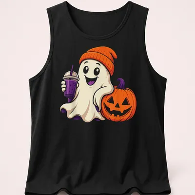 Cute Halloween ghost with iced coffee and pumpkin illustration in vibrant colors — printed on a tank top