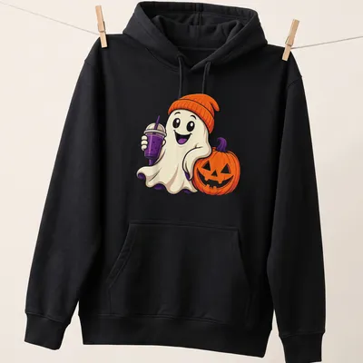 Cute Halloween ghost with iced coffee and pumpkin illustration in vibrant colors — printed on a unisex hoodie