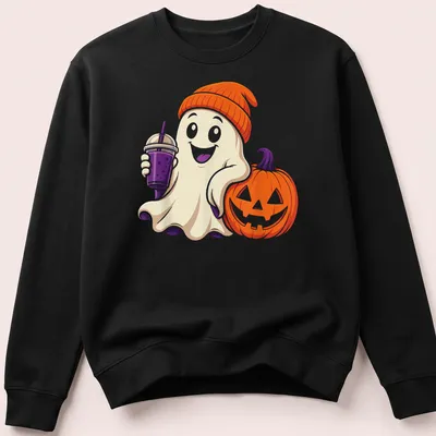 Cute Halloween ghost with iced coffee and pumpkin illustration in vibrant colors — printed on a unisex sweatshirt