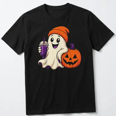 Cute Halloween ghost with iced coffee and pumpkin illustration in vibrant colors
