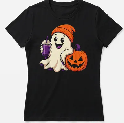 Cute Halloween ghost with iced coffee and pumpkin illustration in vibrant colors — printed on a women's shirt