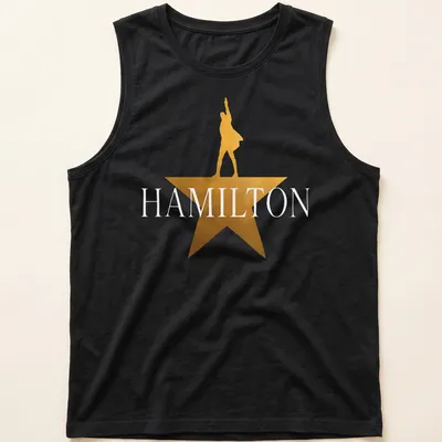 Gold star silhouette of a performer with the word Hamilton above in bold lettering — printed on a tank top