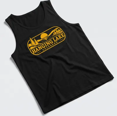 Vintage T-shirt featuring Hanging Lake, Colorado in yellow and white on black — printed on a tank top