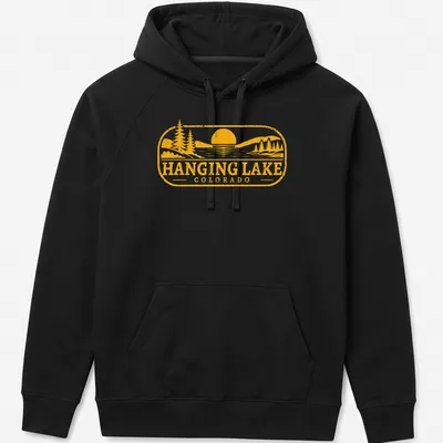 Vintage T-shirt featuring Hanging Lake, Colorado in yellow and white on black — printed on a unisex hoodie