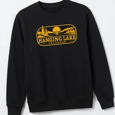 Vintage T-shirt featuring Hanging Lake, Colorado in yellow and white on black — printed on a unisex sweatshirt