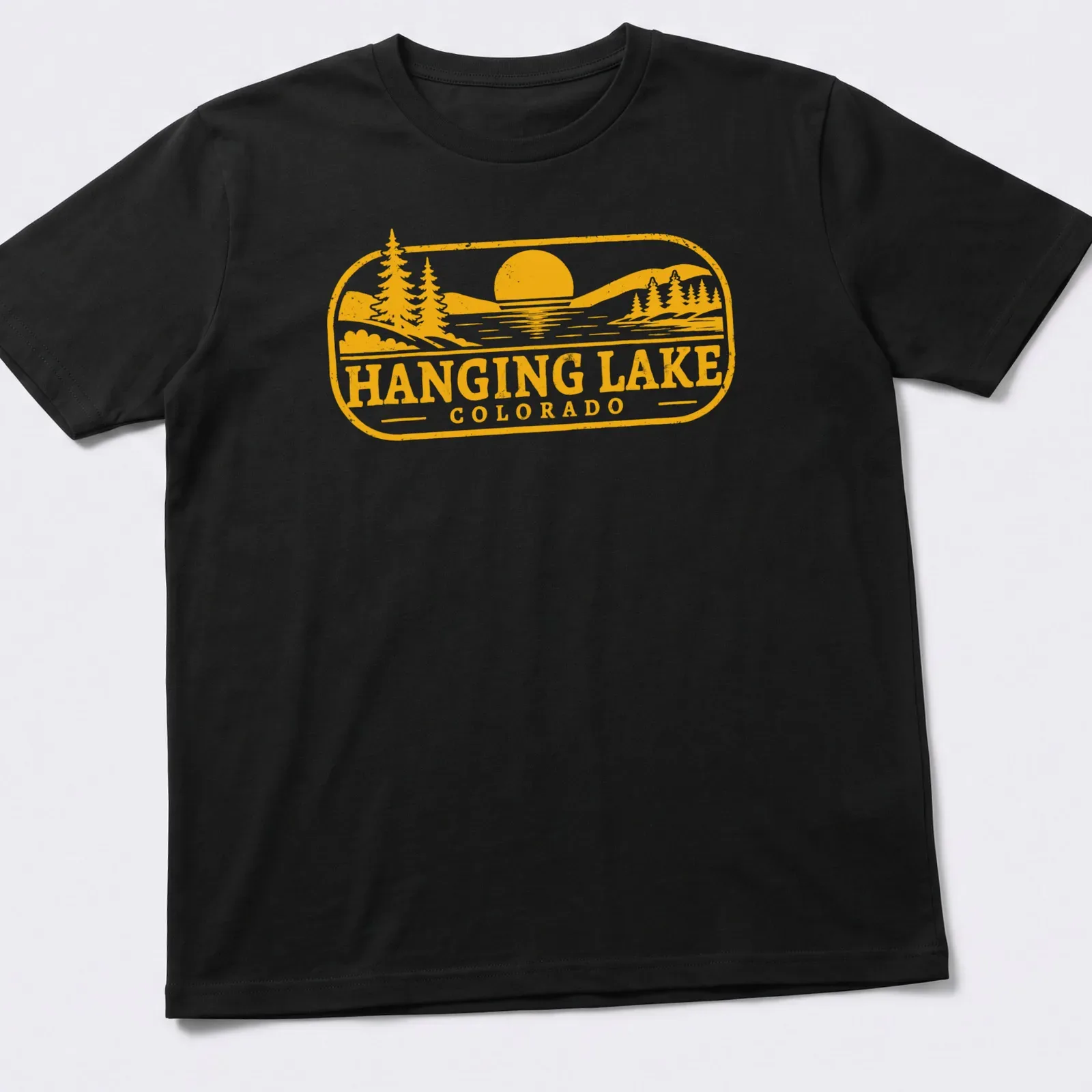 Vintage T-shirt featuring Hanging Lake, Colorado in yellow and white on black — printed on a unisex t-shirt